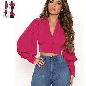 Fuchsia Deep-V Puff Sleeve Blouse
